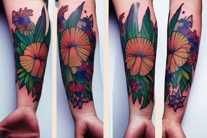 lion with 2 larkspur flowers and 3 stargazer lilies tattoo idea