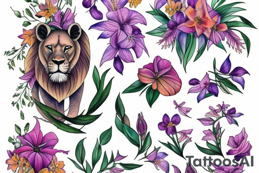 lioness with 2 larkspur flowers and 3 stargazer lilies tattoo idea