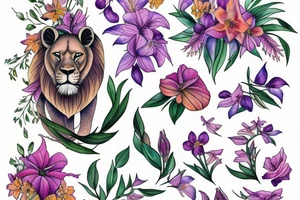 lioness with 2 larkspur flowers and 3 stargazer lilies tattoo idea