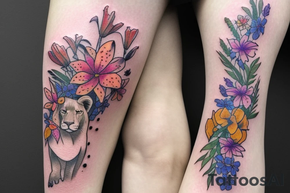 lioness with 2 larkspur flowers and 3 stargazer lilies tattoo idea