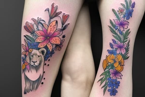 lioness with 2 larkspur flowers and 3 stargazer lilies tattoo idea