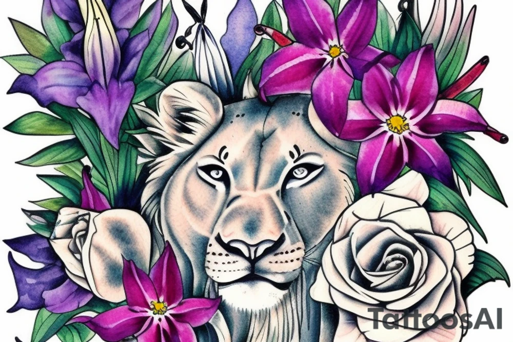 lioness with 2 larkspur flowers and 3 stargazer lilies tattoo idea