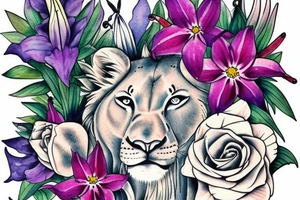 lioness with 2 larkspur flowers and 3 stargazer lilies tattoo idea