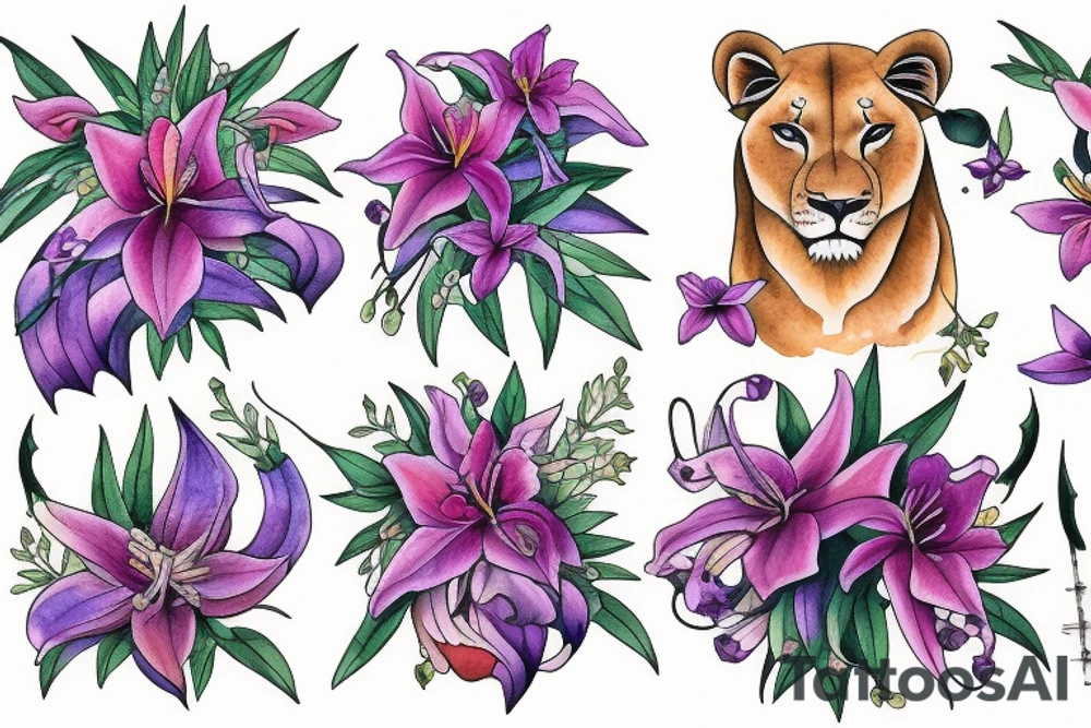 lioness with 2 larkspur flowers and 3 stargazer lilies tattoo idea