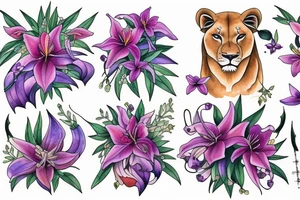lioness with 2 larkspur flowers and 3 stargazer lilies tattoo idea