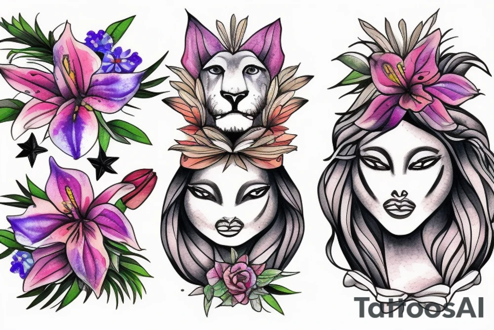 lioness with 2 larkspur flowers and 3 stargazer lilies tattoo idea