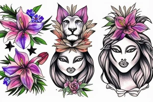 lioness with 2 larkspur flowers and 3 stargazer lilies tattoo idea