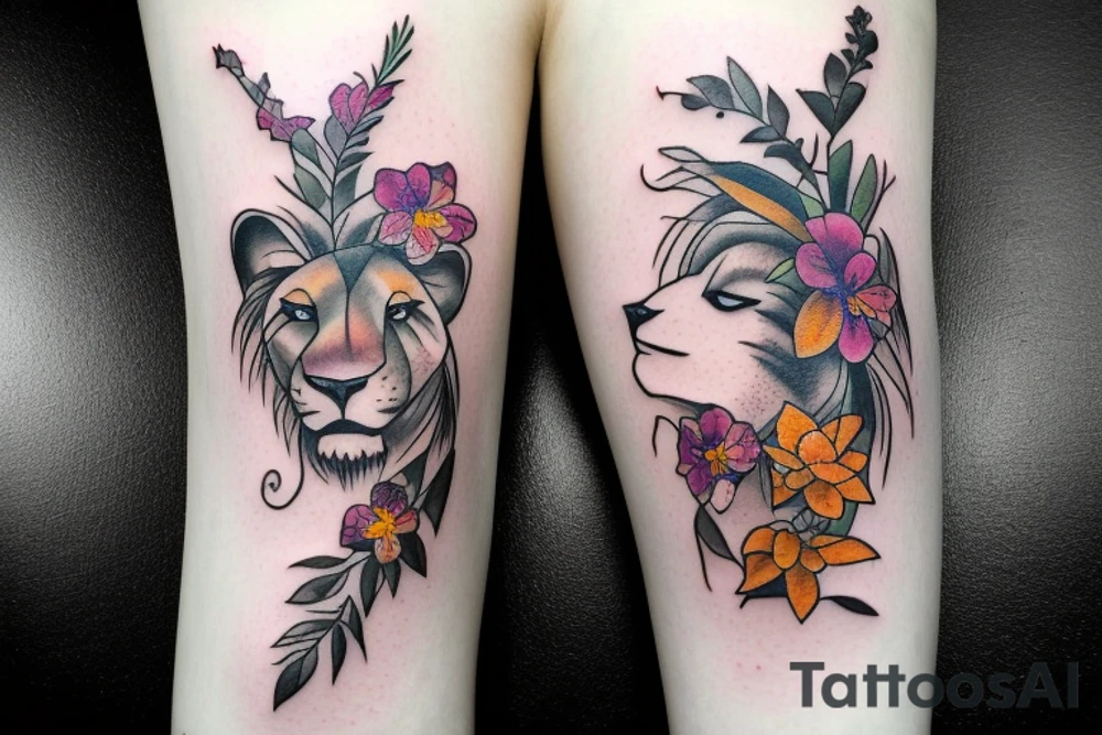 lioness with 2 larkspur flowers and 3 stargazer lilies tattoo idea