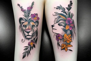 lioness with 2 larkspur flowers and 3 stargazer lilies tattoo idea