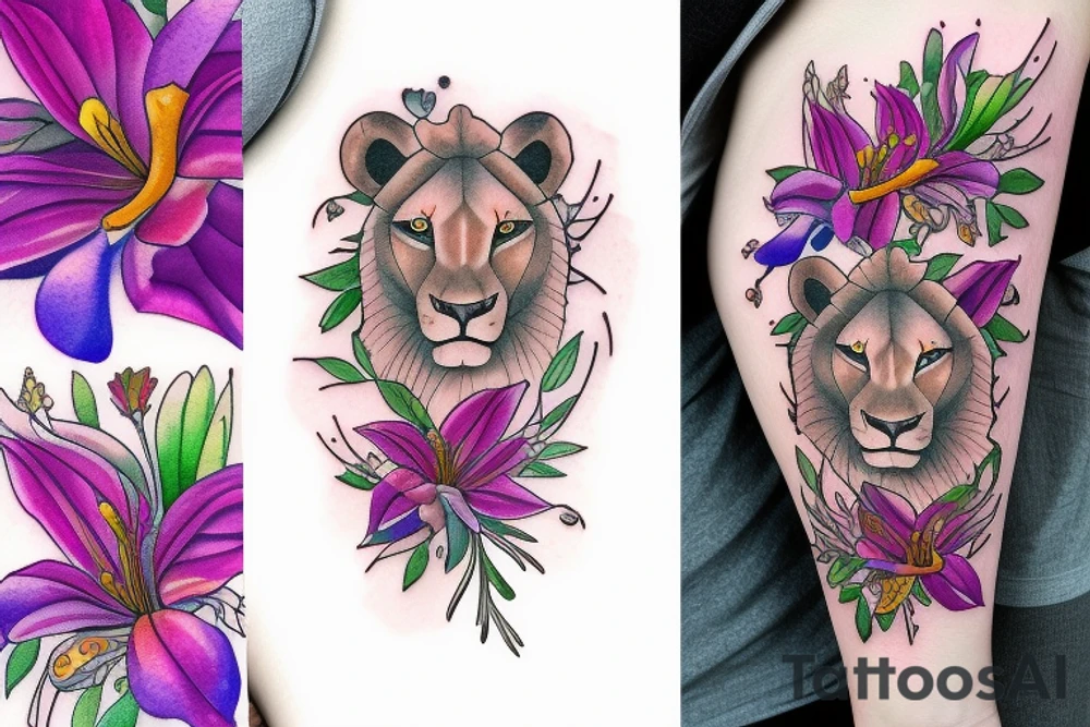 lioness with 2 larkspur flowers and 3 stargazer lilies tattoo idea
