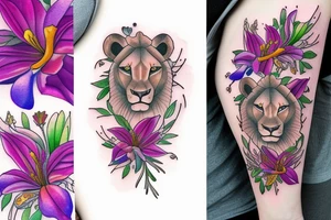 lioness with 2 larkspur flowers and 3 stargazer lilies tattoo idea