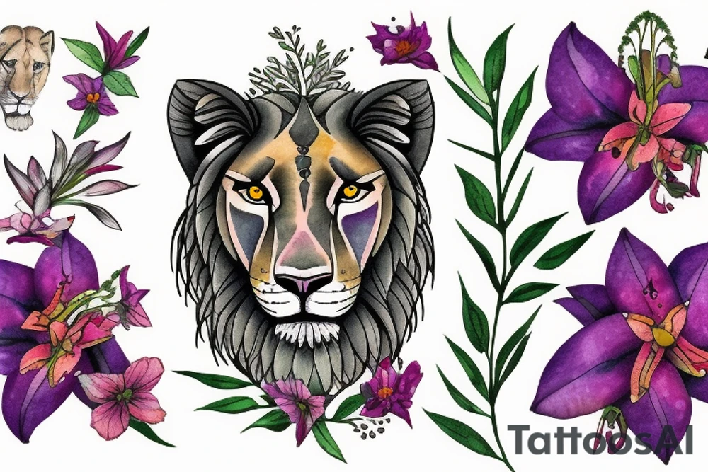 lioness with 2 larkspur flowers and 3 stargazer lilies tattoo idea