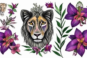 lioness with 2 larkspur flowers and 3 stargazer lilies tattoo idea