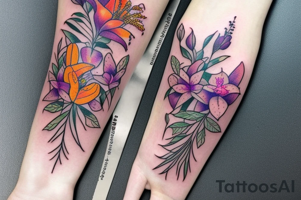 lioness with 2 larkspur flowers and 3 stargazer lilies tattoo idea