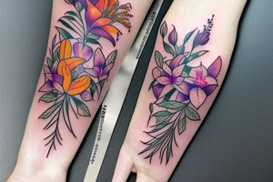 lioness with 2 larkspur flowers and 3 stargazer lilies tattoo idea