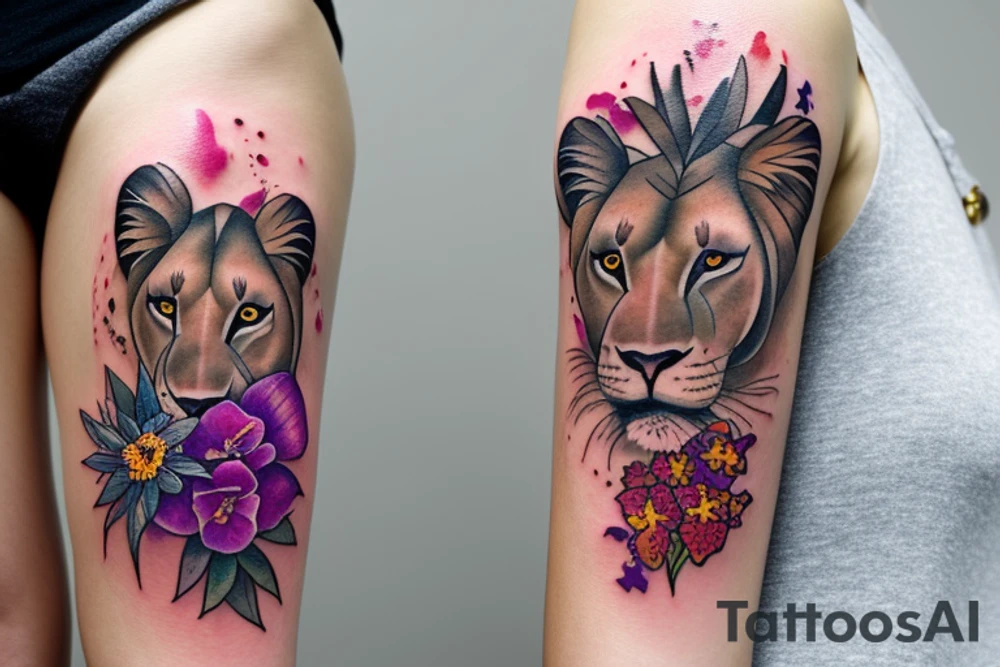 lioness with 2 larkspur flowers and 3 stargazer lilies tattoo idea