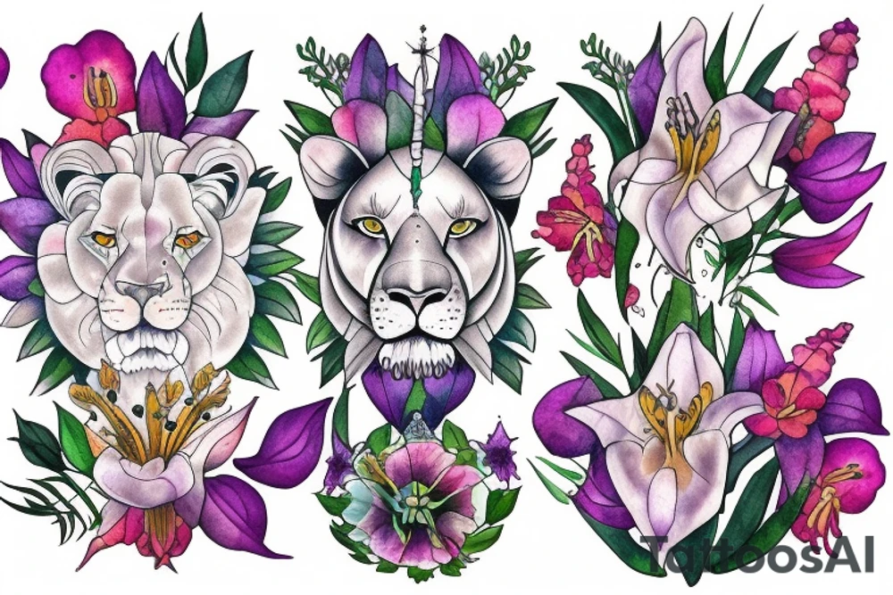 lioness with 2 larkspur flowers and 3 stargazer lilies tattoo idea