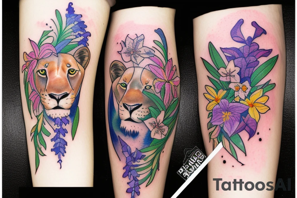 lioness with 2 larkspur flowers and 3 stargazer lilies tattoo idea