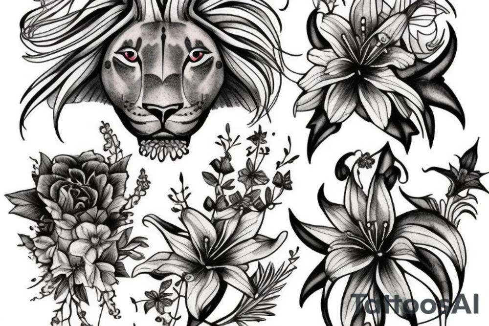 lioness with 2 larkspur flowers and 3 stargazer lilies tattoo idea
