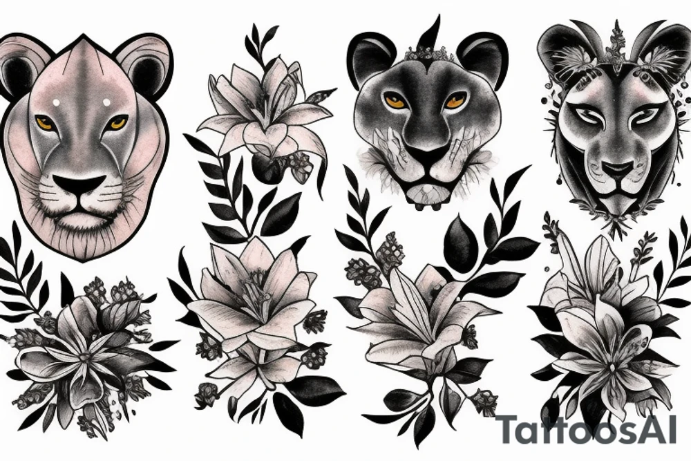 lioness with 2 larkspur flowers and 3 stargazer lilies tattoo idea