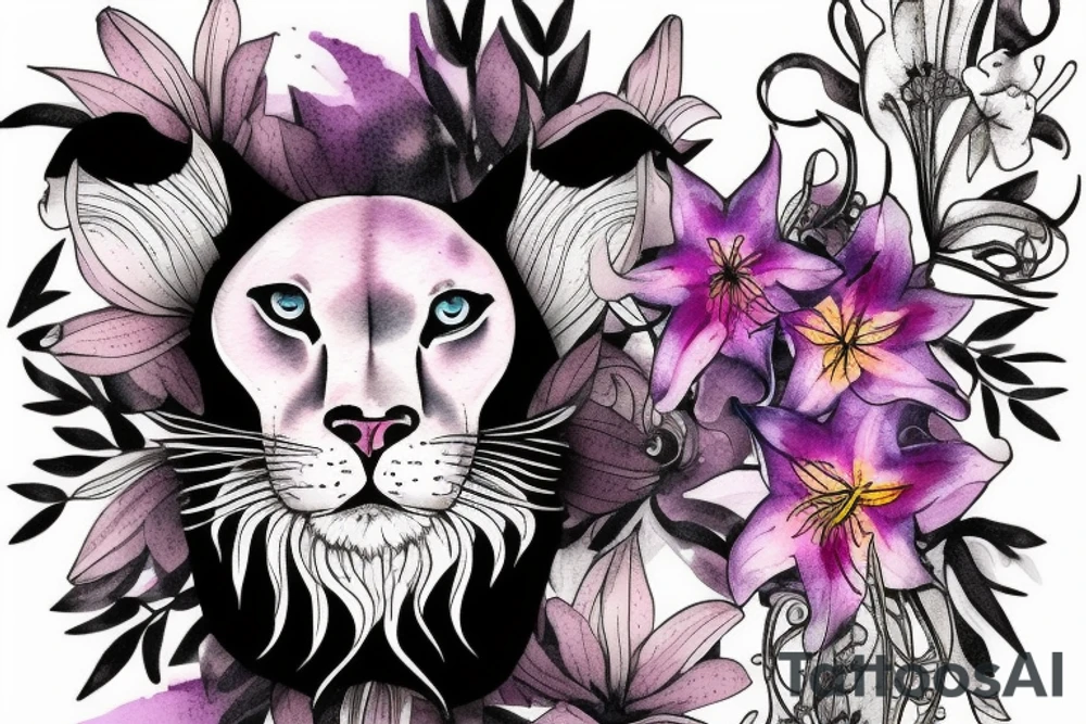 lioness with 2 larkspur flowers and 3 stargazer lilies tattoo idea