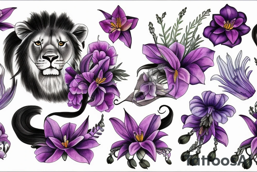 lioness with 2 larkspur flowers and 3 stargazer lilies tattoo idea