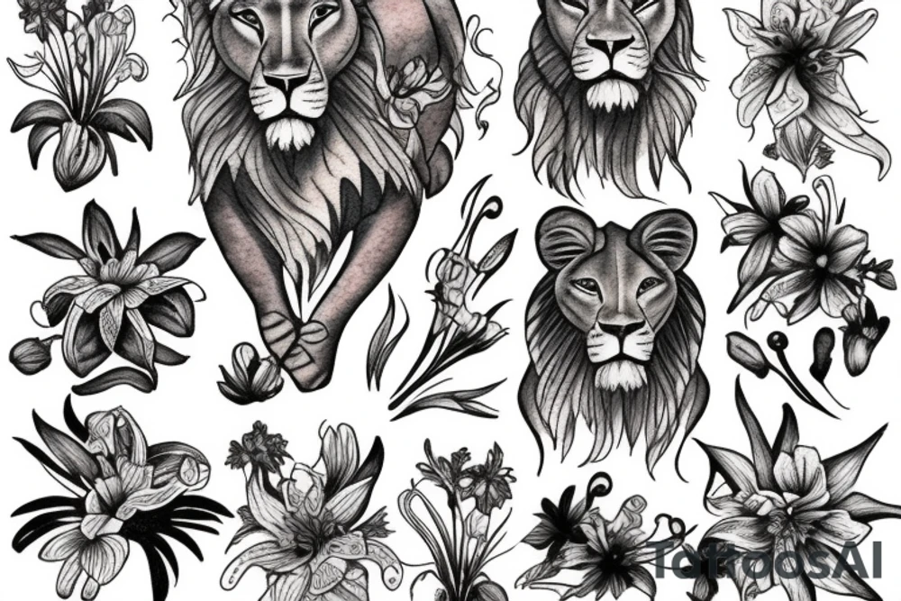 lioness with 2 larkspur flowers and 3 stargazer lilies tattoo idea