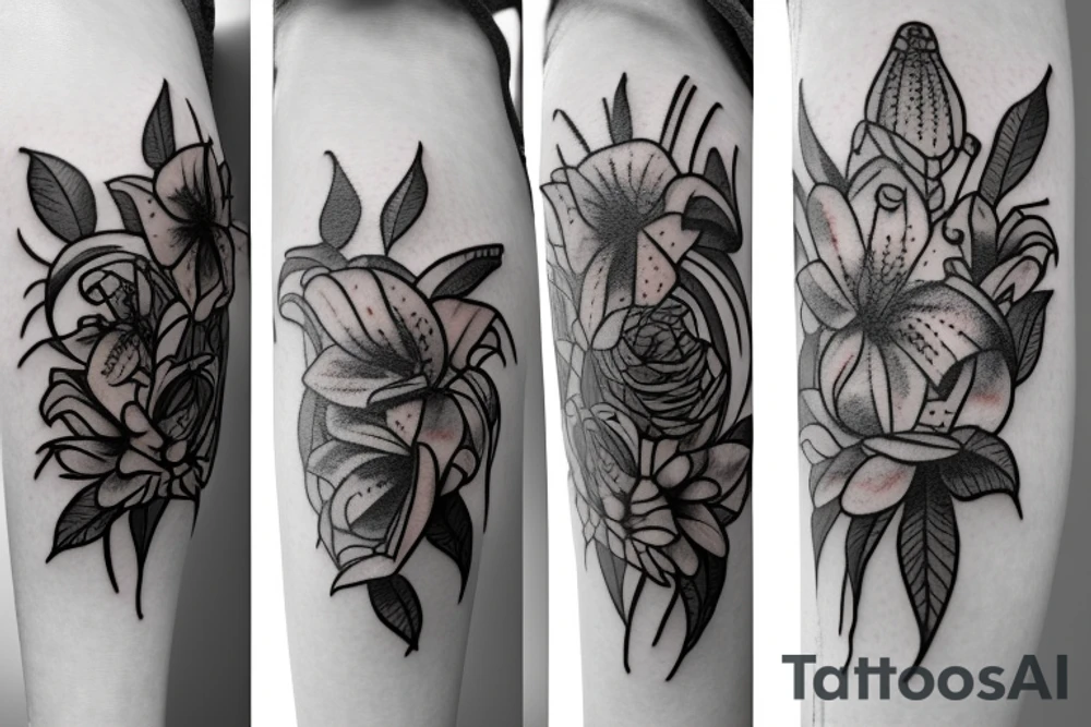 lioness with 2 larkspur flowers and 3 stargazer lilies tattoo idea