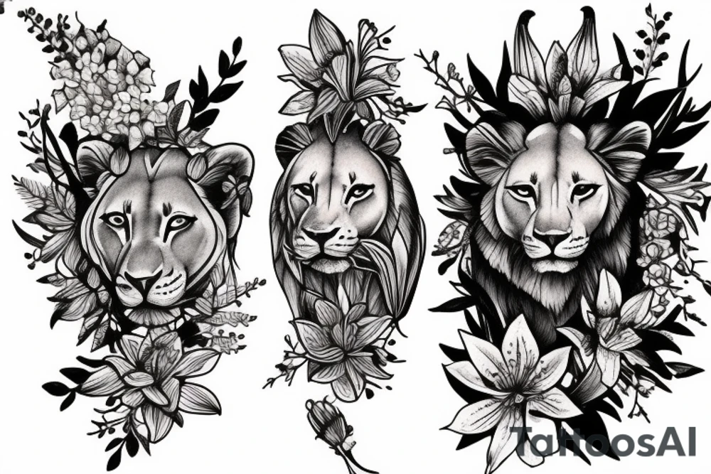 lioness with 2 larkspur flowers and 3 stargazer lilies tattoo idea