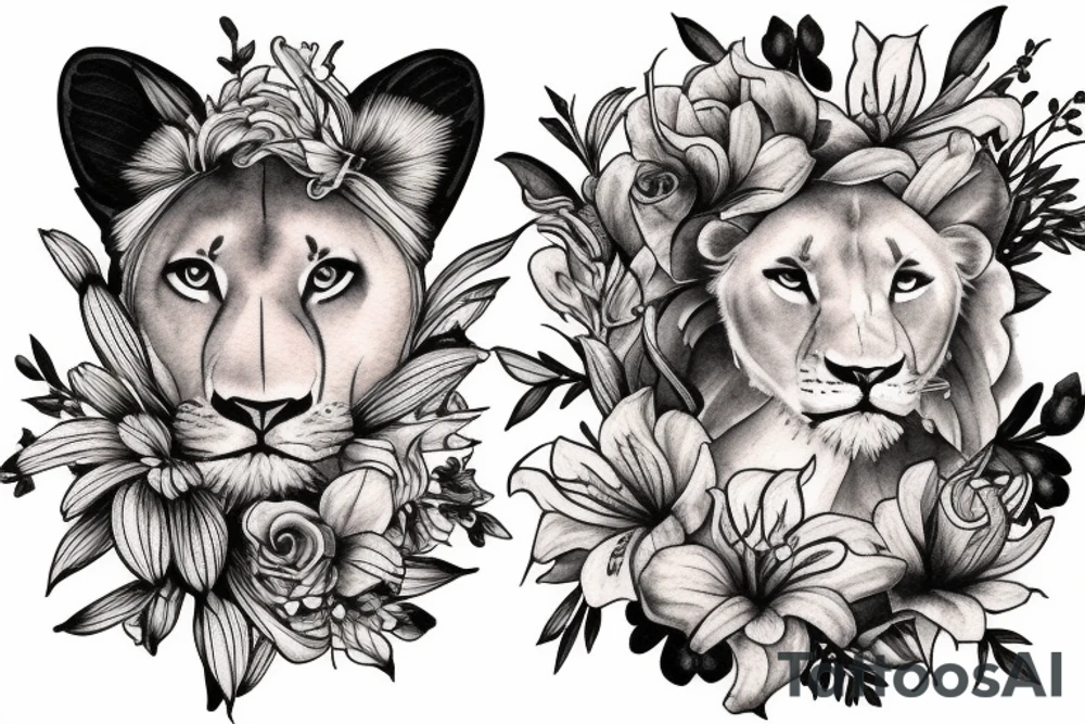 lioness with 2 larkspur flowers and 3 stargazer lilies tattoo idea