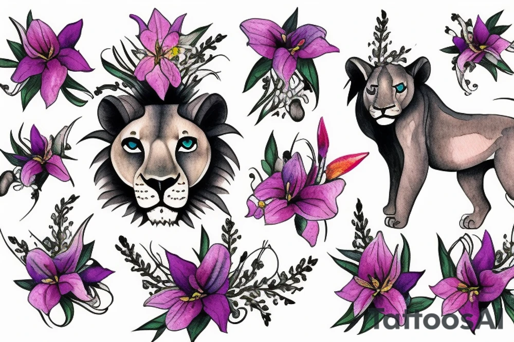 lioness with 2 larkspur flowers and 3 stargazer lilies tattoo idea