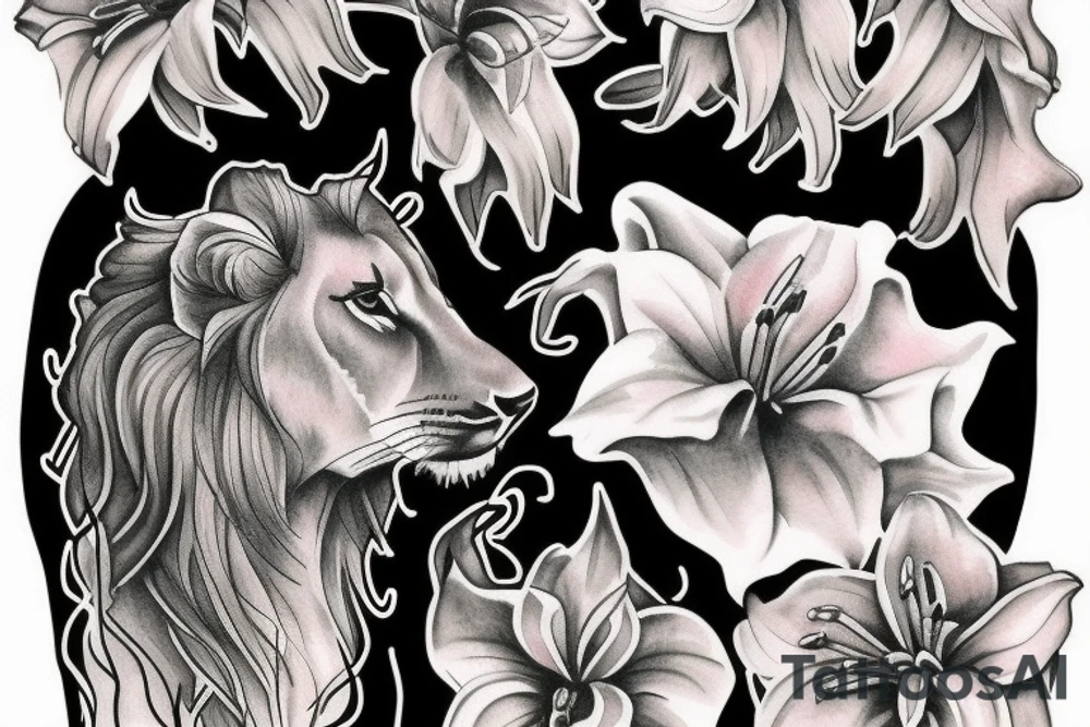 lioness with 2 larkspur flowers and 3 stargazer lilies tattoo idea