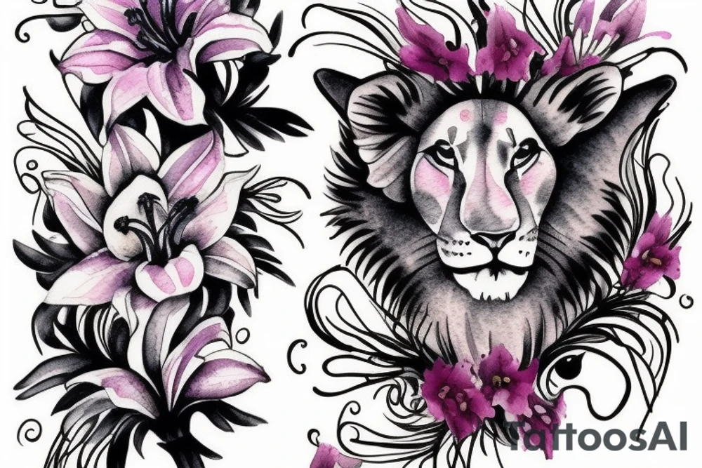 lioness with 2 larkspur flowers and 3 stargazer lilies tattoo idea