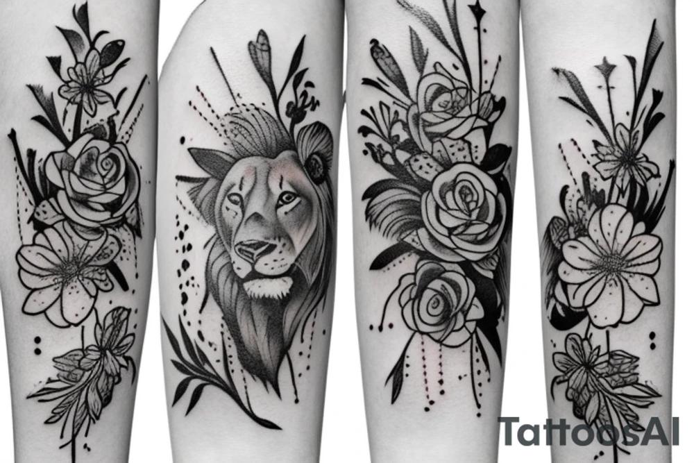 lioness with 2 larkspur flowers and 3 stargazer lilies tattoo idea