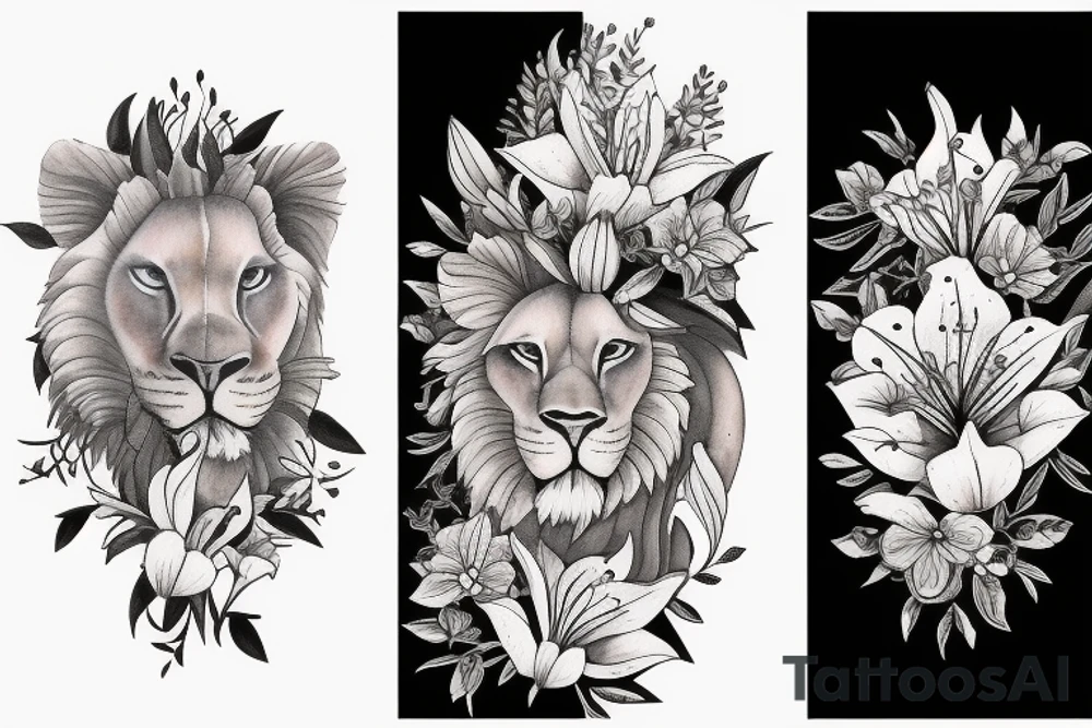 lioness with 2 larkspur flowers and 3 stargazer lilies tattoo idea