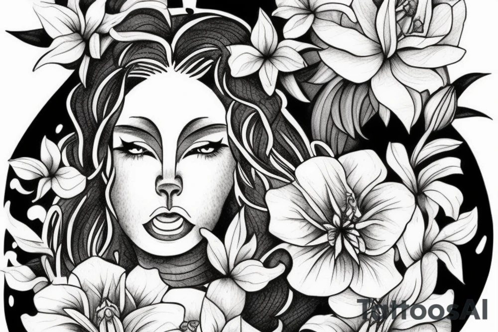 lioness with 2 larkspur flowers and 3 stargazer lilies tattoo idea