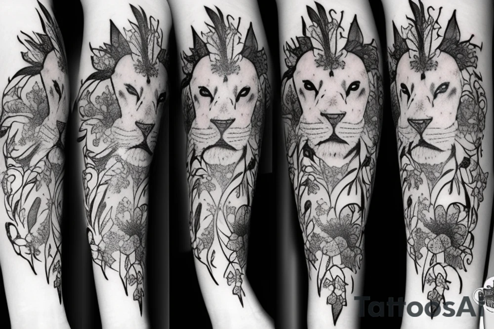 lioness with 2 larkspur flowers and 3 stargazer lilies tattoo idea