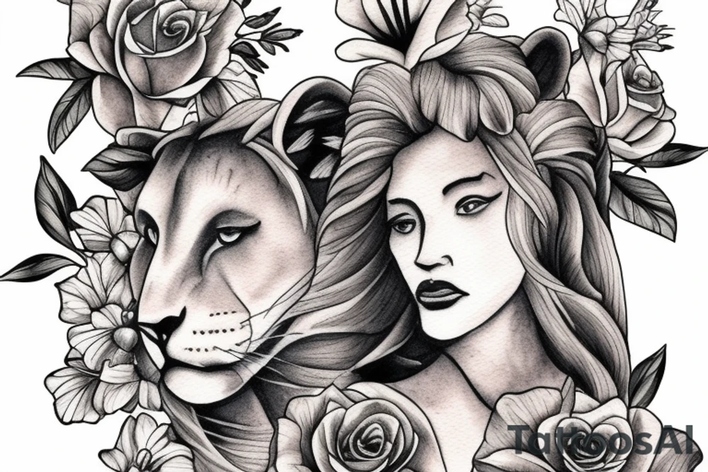 lioness with 2 larkspur flowers and 3 stargazer lilies tattoo idea
