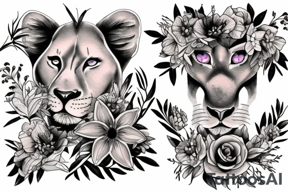 lioness with 2 larkspur flowers and 3 stargazer lilies tattoo idea