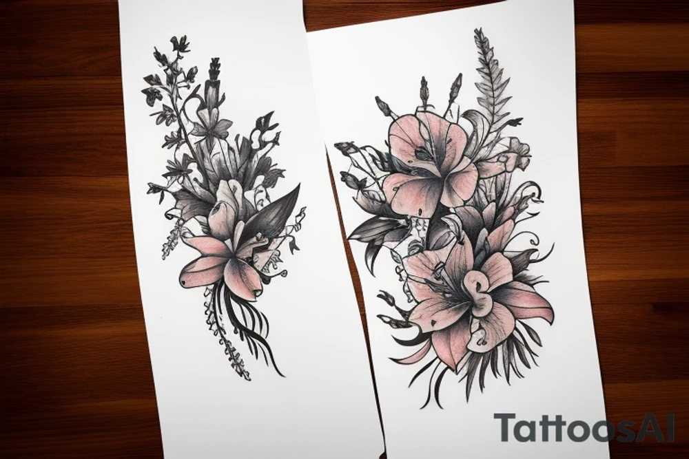 lioness with 2 larkspur flowers and 3 stargazer lilies tattoo idea