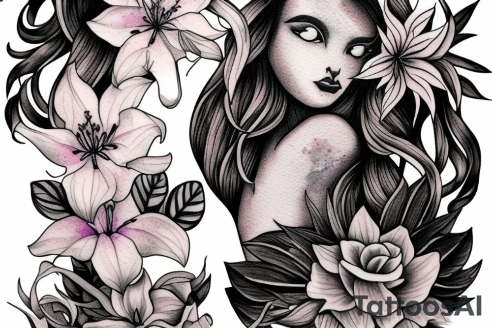 lioness with 2 larkspur flowers and 3 stargazer lilies tattoo idea