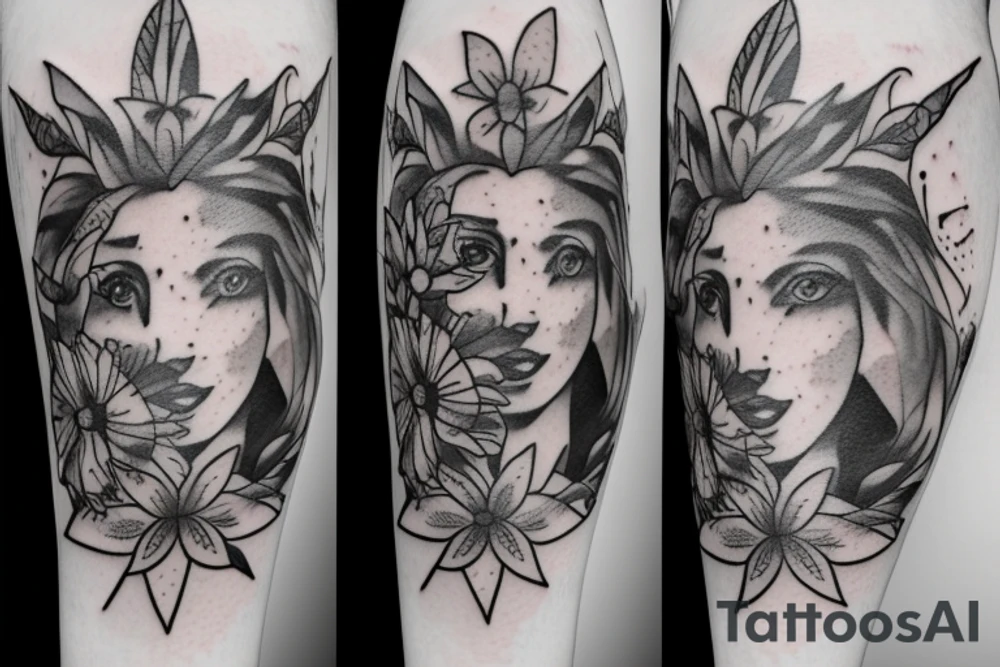 lioness with 2 larkspur flowers and 3 stargazer lilies tattoo idea