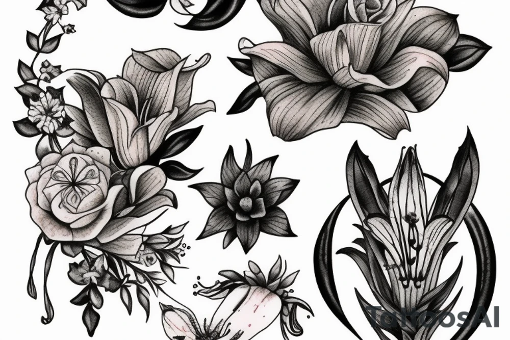 lioness with 2 larkspur flowers and 3 stargazer lilies tattoo idea