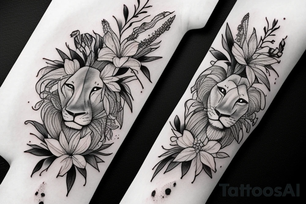 lioness with 2 larkspur flowers and 3 stargazer lilies tattoo idea