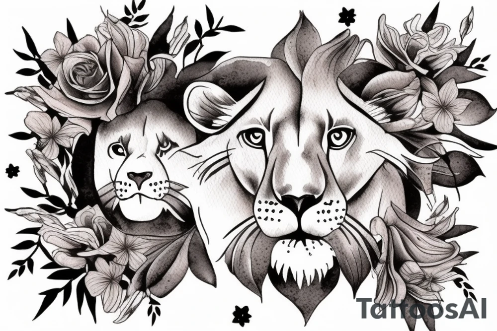 lioness with 2 larkspur flowers and 3 stargazer lilies tattoo idea
