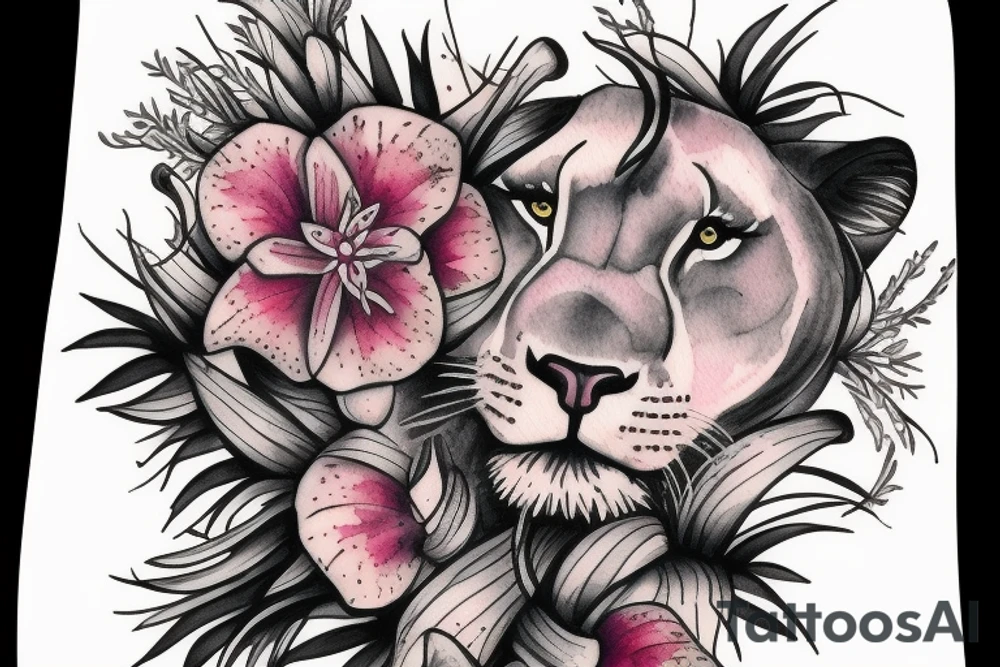 lioness with 2 larkspur flowers and 3 stargazer lilies tattoo idea