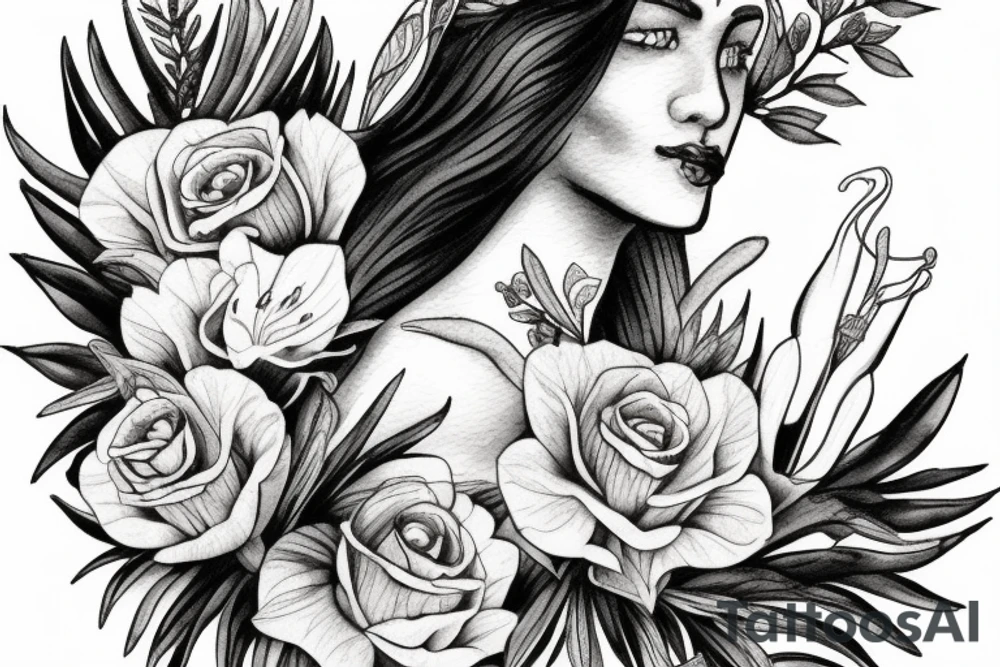 lioness with 2 larkspur flowers and 3 stargazer lilies tattoo idea