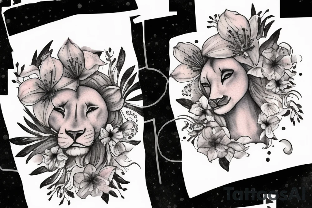 lioness with 2 larkspur flowers and 3 stargazer lilies tattoo idea