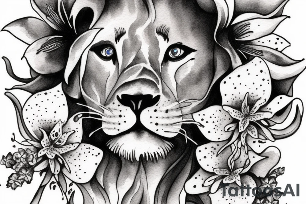 lioness with 2 larkspur flowers and 3 stargazer lilies tattoo idea