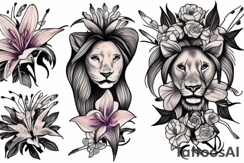 lioness with 2 larkspur flowers and 3 stargazer lilies tattoo idea